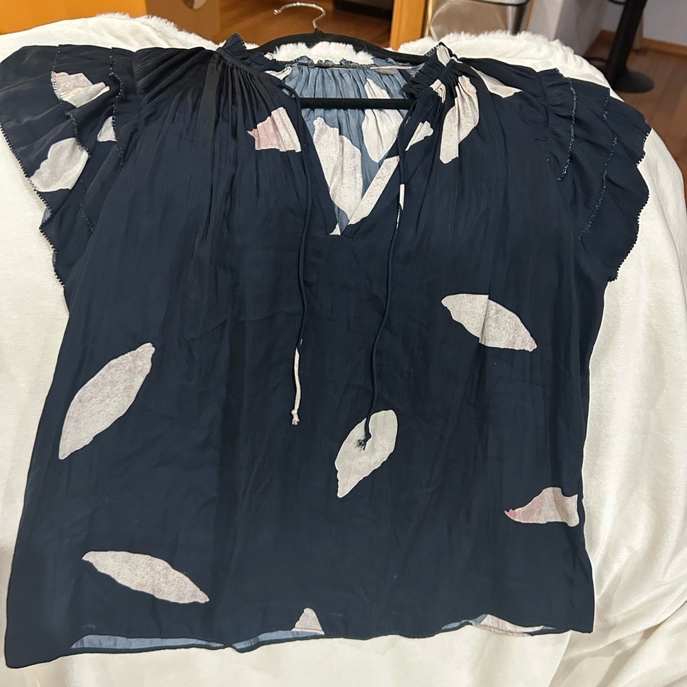 Tahari Dark Blue Blouse with Leaf Design